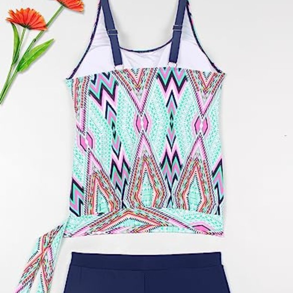 Miturn Womens Bandeau Printed Tie Side Blouson Tankini Tops Two Pieces Swimsuit - Picture 5 of 8